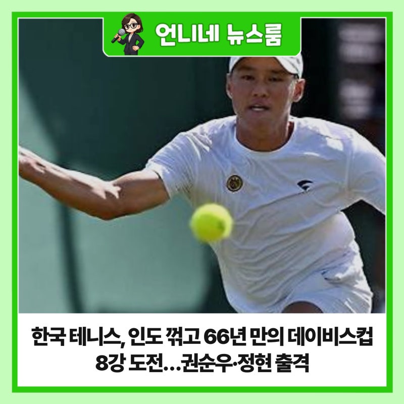 한국 테니스, 인도 꺾고 66년 만의 데이비스컵 8강 도전…권순우·정현 출격