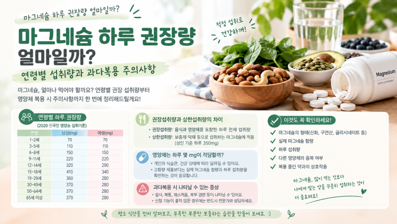 마그네슘 하루 권장량 얼마일까? 연령별 섭취량과 과다복용 주의사항