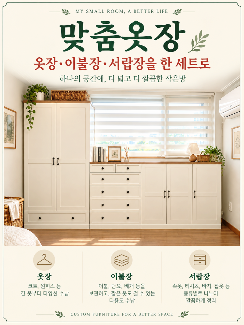작은방에 맞춤옷장으로 , 옷장·이불장·서랍장을 한 세트로