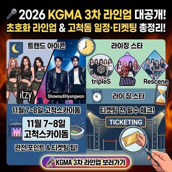 2026 KGMA 3차 라인업 공개! 있지·몬스타엑스 셔누X형원·트리플에스·빌리·리센느·누에라 총....