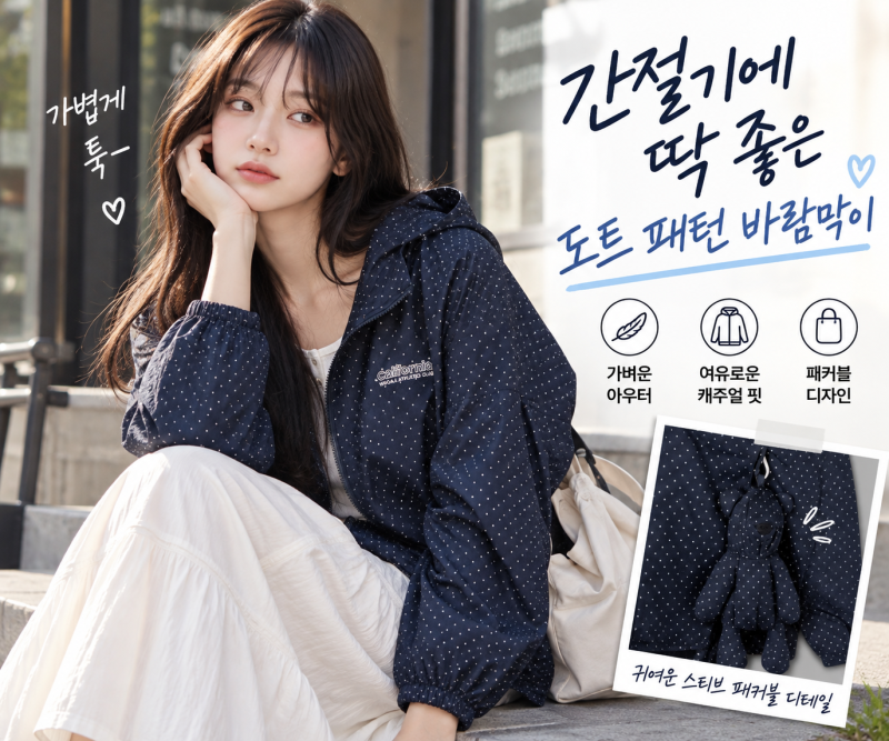 간절기 바람막이 추천, 도트 패턴이 귀여운 후아유 스티브 패커블 아우터