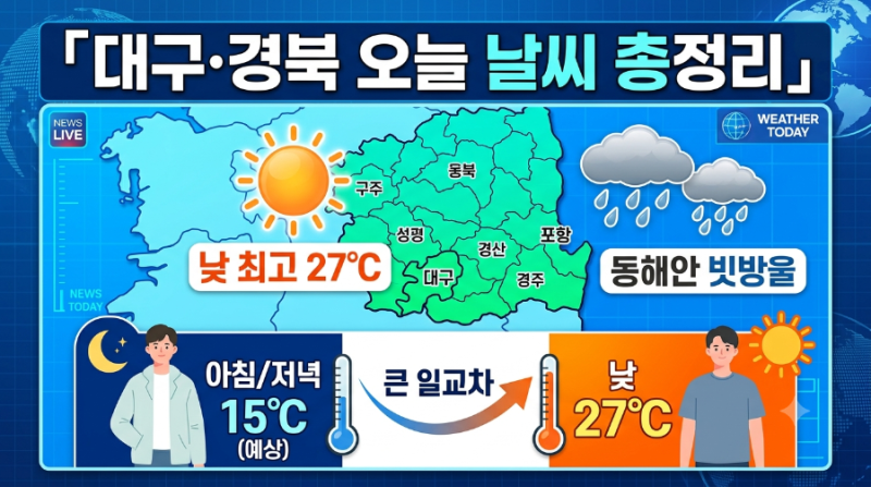 **「대구·경북 오늘 날씨 총정리｜동해안 빗방울·낮 최고 27도·큰 일교차」**