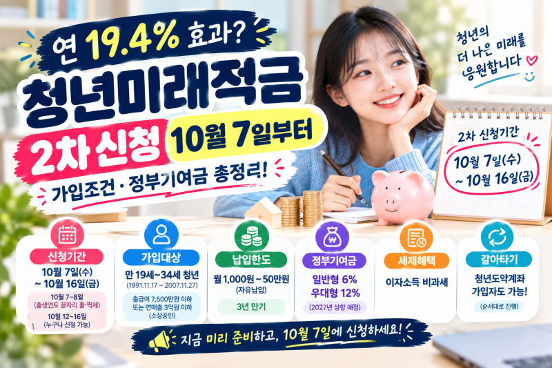 청년미래적금 2차 신청 10월 7일부터｜연 19.4% 효과? 가입조건·정부기여금 총정리