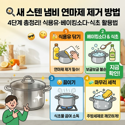 새 스텐 냄비 연마제 제거 방법 4단계 총정리! 식용유·베이킹소다·식초 활용법