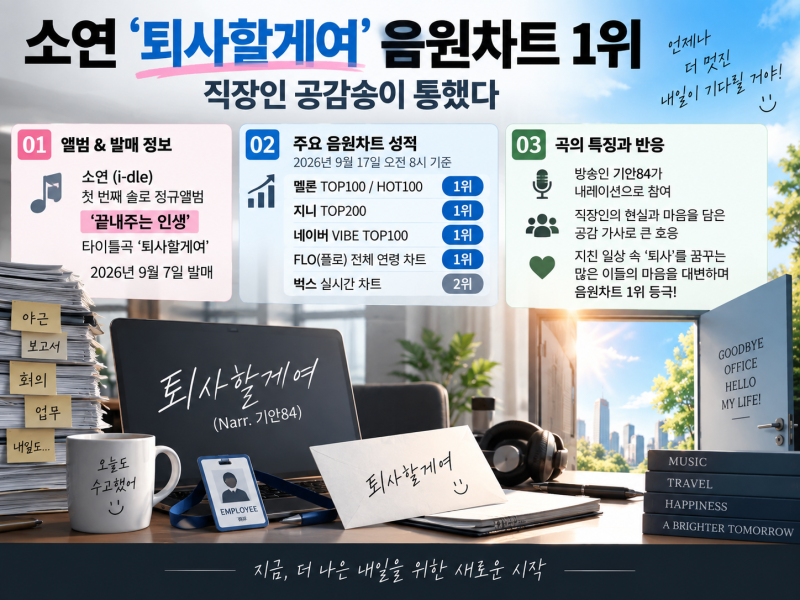 [엔터]아이들 소연 ‘퇴사할게여’ 음원차트 1위｜직장인 공감송 제대로 통했다