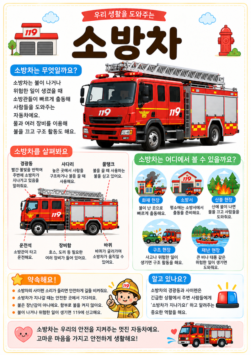 소방차 관찰자료｜소방차 좋아하는 아이와 함께 보는 어린이집 무료 벽보
