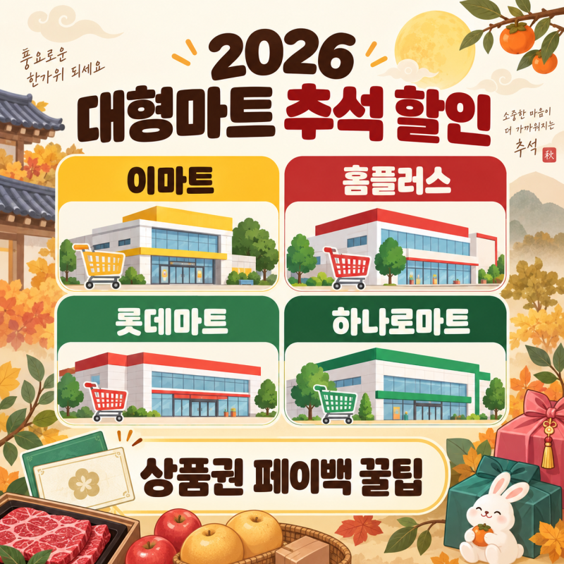 2026 대형마트 추석 할인 총정리이마트·홈플러스·롯데마트·하나로마트 상품권과 휴무일 비....