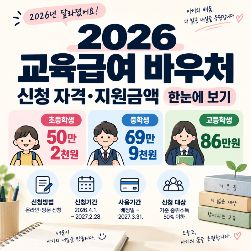 2026 교육급여 바우처 신청 자격부터 지원금액까지｜초·중·고 얼마 받을까?