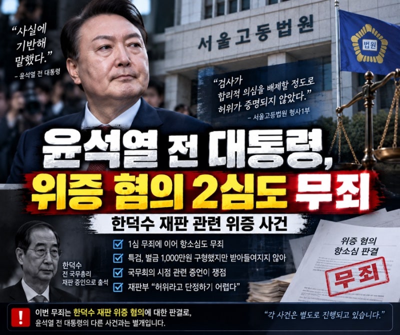 ⚖️ “윤석열 무죄” 2심서 또 뒤집혔다… 한덕수 재판 위증 혐의, 법원이 내린 판단