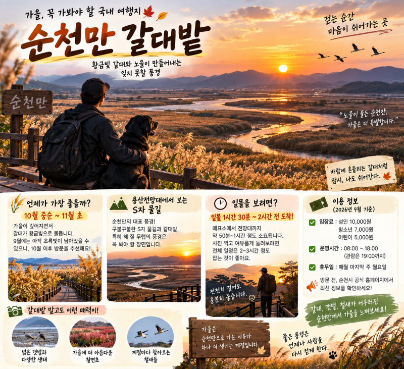 순천만 갈대밭은 언제가 좋을까? 가을 절정 시기와 용산전망대 일몰 여행