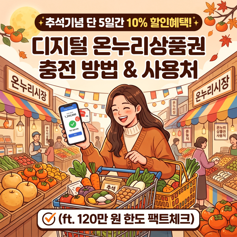 추석기념 단 5일간 10% 할인혜택! 디지털 온누리상품권 충전 방법 & 사용처 (ft. 120만 원 한도 ....