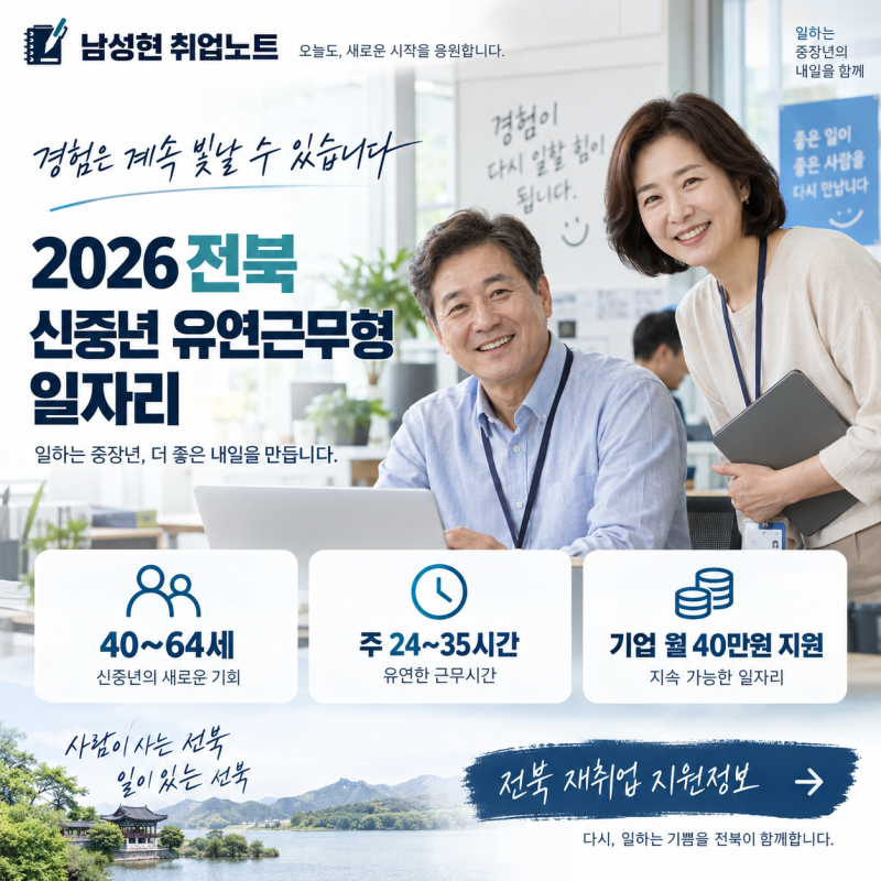 [전북중장년] 40~64세 주 24~35시간 유연근무 취업｜기업 월 40만원 지원｜10월 30일까지