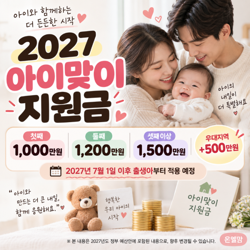 2027 아이맞이지원금 첫째 1000만원 둘째 1200만원 대상 지급방식 총정리