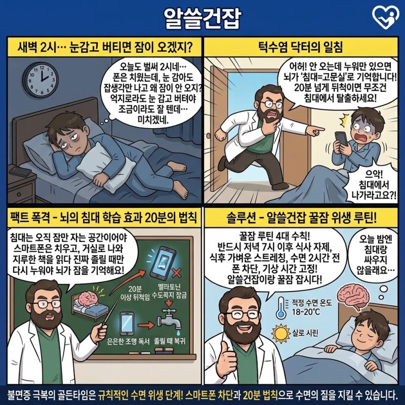 [알쓸건잡] 불면증 극복하는 수면 위생 7가지 | 침대에서 20분 이상 뒤척일 때 취해야 할 행동