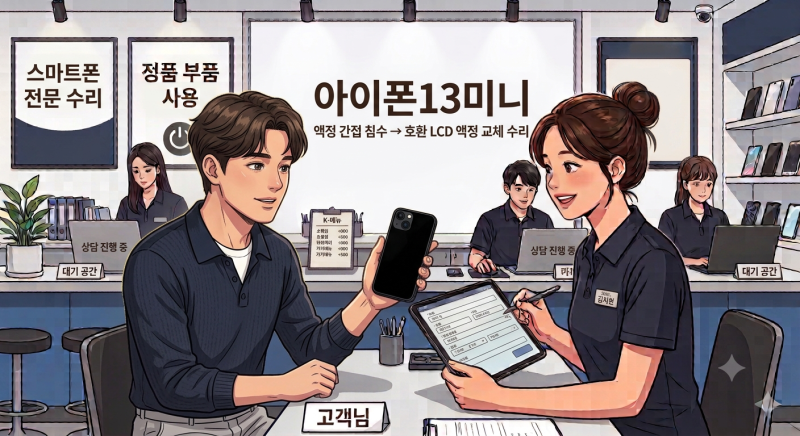 [아이폰침수수리] 아이폰13미니 침수 화면 먹통, 호환 LCD 교체 및 메인보드 손상 정밀 진단
