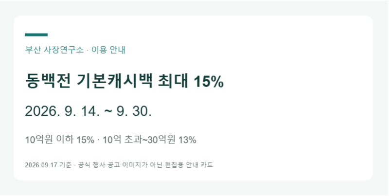 부산 동백전 15% 캐시백, 2026 추석 혜택 기간·조건·쿠폰 총정리