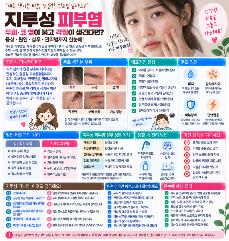 두피·코 옆이 붉고 각질이 생긴다면? 지루성 피부염 증상·원인·샴푸·관리법까지