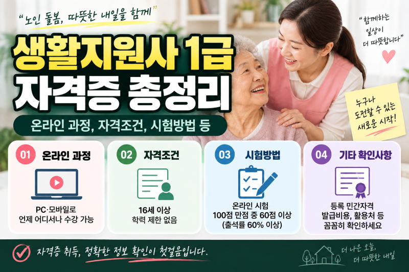 생활지원사 1급 자격증 취득방법 총정리(온라인 과정, 자격조건, 시험방법 등)