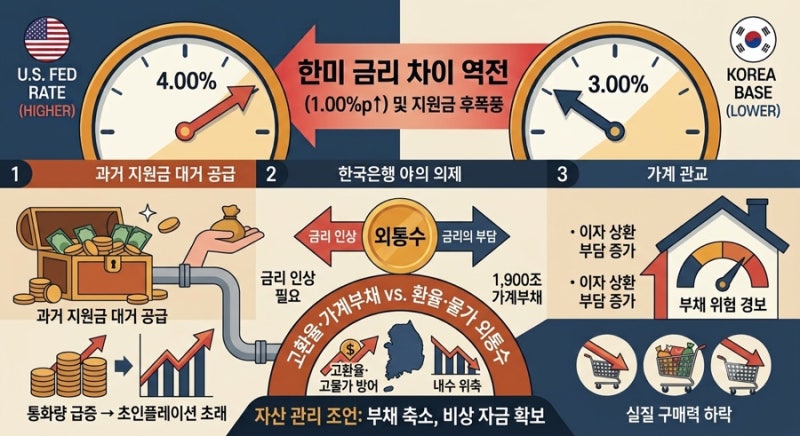 한미 금리 차이 1.00%p 역전! 지원금 후폭풍과 1900조 가계부채의 거대한 딜레마