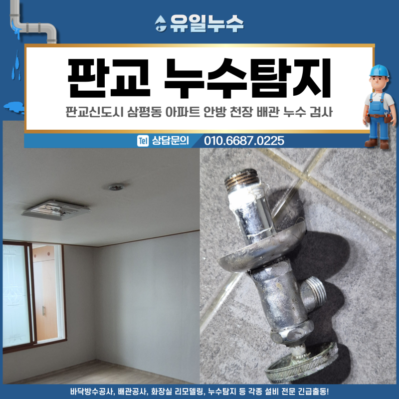 판교 누수탐지, 판교신도시 삼평동 아파트 안방 천장 배관 누수 검사