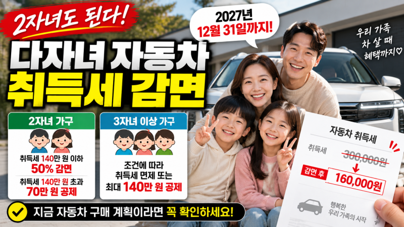 다자녀 자동차 취득세 감면, 2자녀도 적용된다
