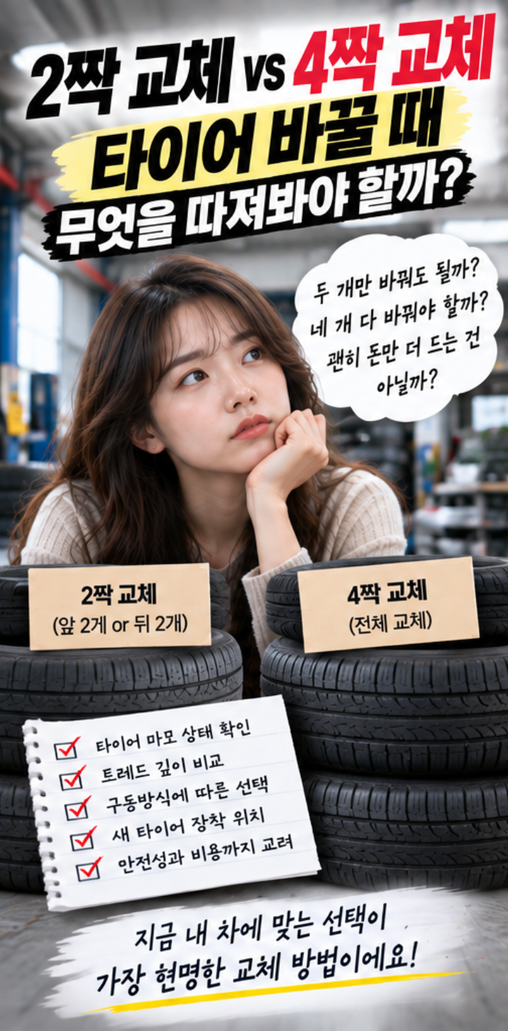 2짝 교체 vs 4짝 교체 타이어 상태부터 비교하면 교체비 아끼는 기준이 보이네요