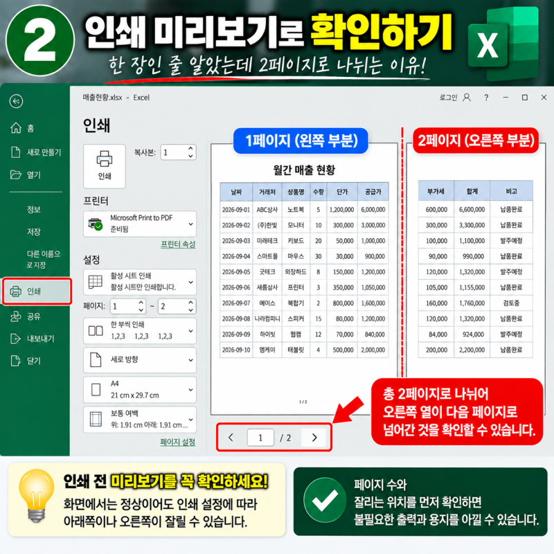 엑셀 인쇄 잘림 해결방법화면에서는 멀쩡한데 출력하면 오른쪽이 잘린다면?