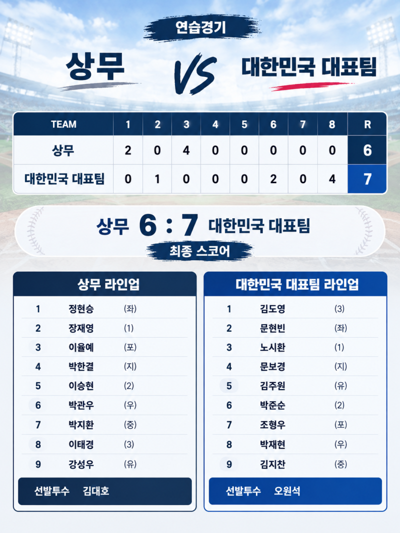 아시안게임 야구대표팀 연습경기 결과, 상무와의 평가전