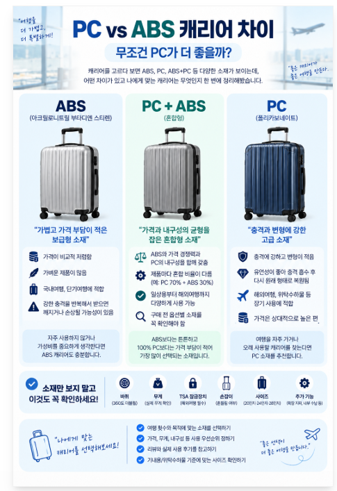 PC vs ABS 캐리어 차이, 100% PC와 혼합형 뭐가 좋을까?