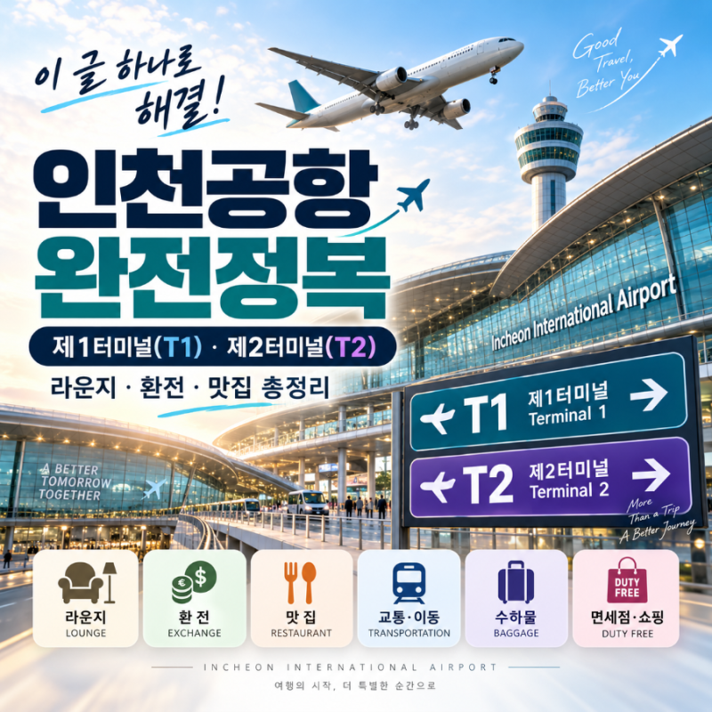 ✈️ 인천공항 제1터미널(T1)·제2터미널(T2) 완전정복 가이드 | 라운지·환전·맛집 총정리