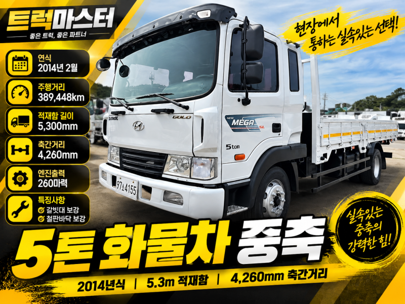 5톤화물차 중축, 4,260mm 휠베이스와 보강 적재함 갖춘 메가트럭