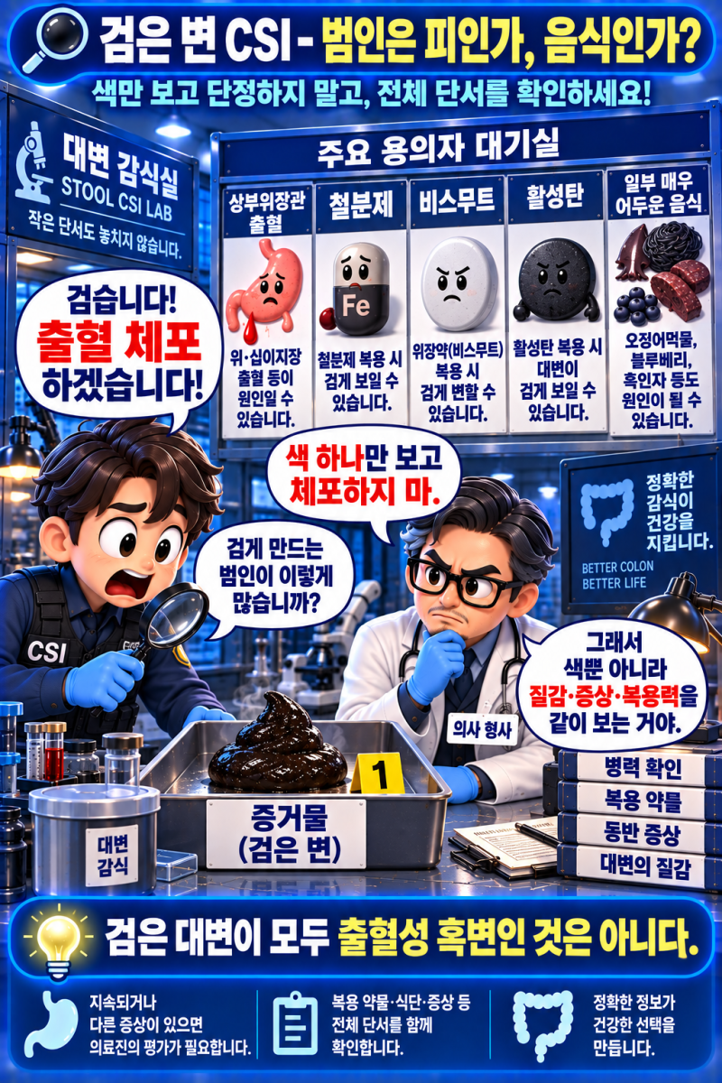 검은 변을 보면 무조건 출혈일까? — 흑변과 음식·약의 차이