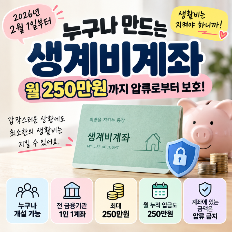 2026 생계비계좌 개설방법 압류방지통장 월 250만원까지 보호