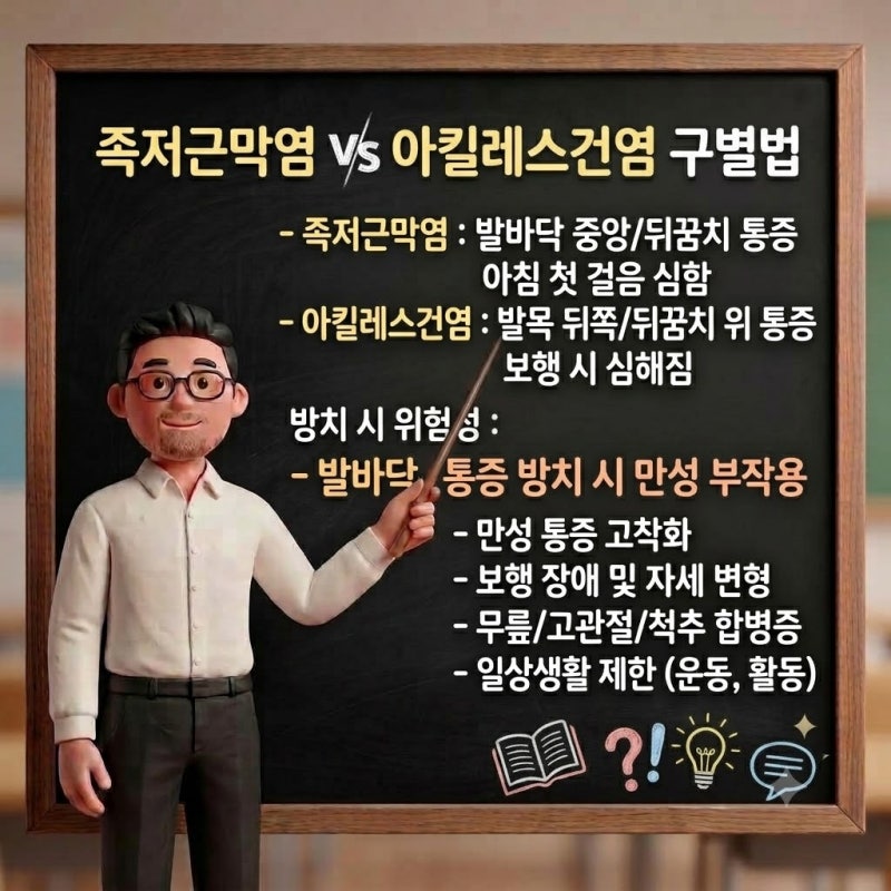 족저근막염 아킬레스 건염 구별법 발바닥 통증 방치 시 나타나는 만성 부작용