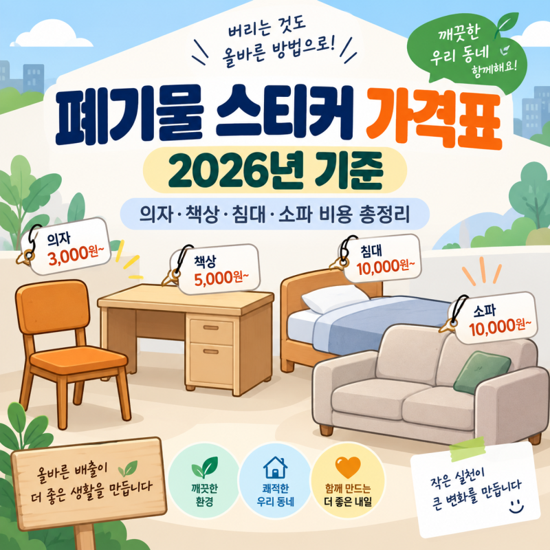 폐기물 스티커 가격표 2026년 기준 의자·책상·침대·소파 비용 총정리