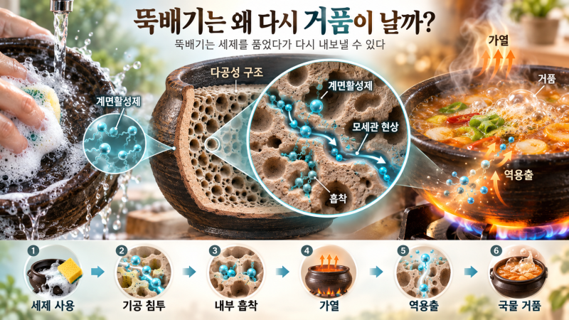뚝배기에 주방 세제를 쓰면 거품을 먹게 되는 진짜 이유: 다공성(Porous) 구조와 모세관 흡착 ....