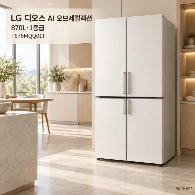 230만원대 LG 디오스 AI 오브제컬렉션 4도어 냉장고 870L 1등급 T876MQQ011 에센스 화이트 수납·설....