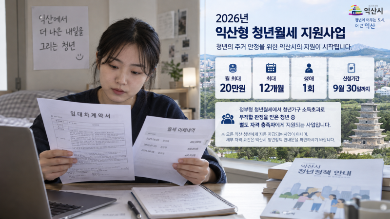 익산형 청년월세 월 20만원·최대 12개월, “정부형 소득초과 부적합 청년 대상”