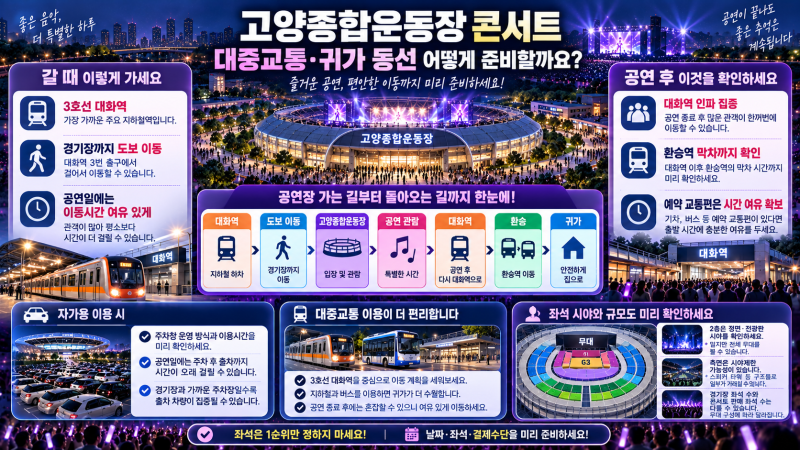 고양종합운동장 콘서트 갈 때 대중교통과 귀가 동선은 어떻게 준비할까요?
