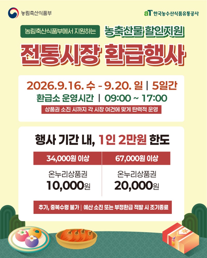2026 추석 농축산물 할인! 전통시장 온누리상품권 환급행사｜9월 16~20일 최대 2만원 전통시장 ....