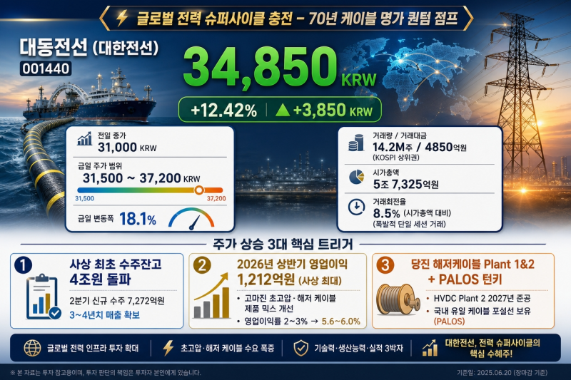 대한전선(001440) 주가 폭등 분석 | 수주잔고 사상 첫 4조 돌파, 당진 해저케이블·HVDC 턴키, 북....