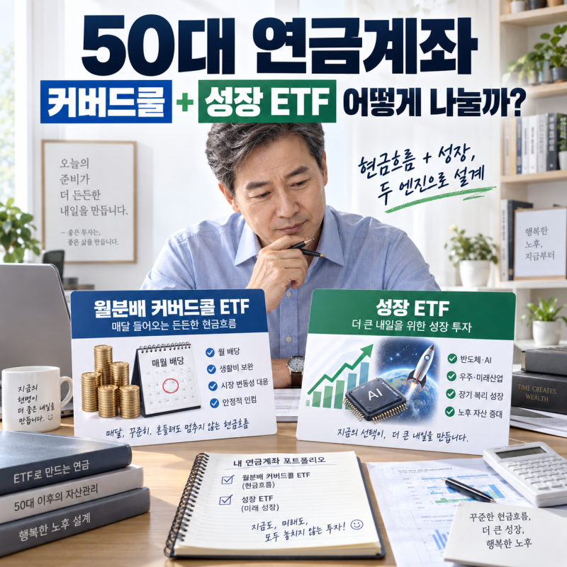 50대 연금계좌 ETF 포트폴리오, 커버드콜과 성장 ETF를 어떻게 나눌까?
