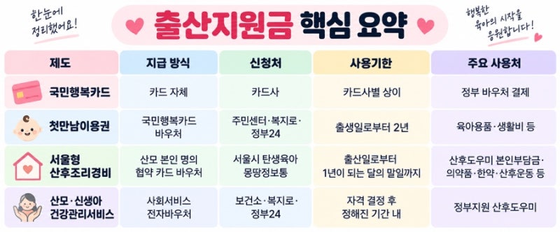 정부 출산지원금 어디로 들어올까? 국민행복카드·첫만남이용권·서울형 산후조리경비 총정....