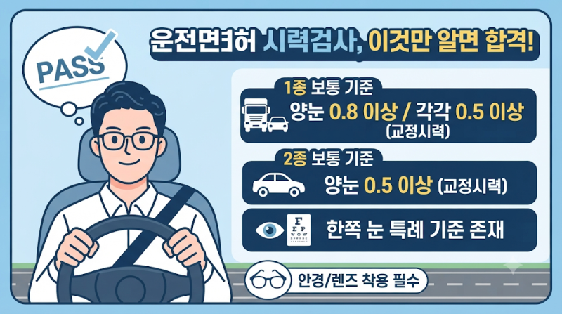 운전면허 적성검사 시력 기준(1종/2종), 교정시력 및 한쪽 눈 비장애인 검사 기준 가이드
