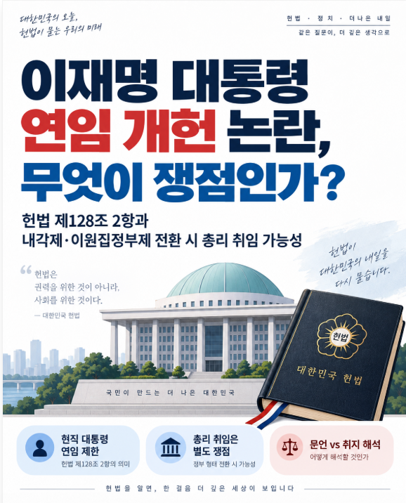 이재명 대통령 연임 개헌 논란, 무엇이 쟁점인가?내각제로 바뀐다면 총리를 하는 것까지 헌....