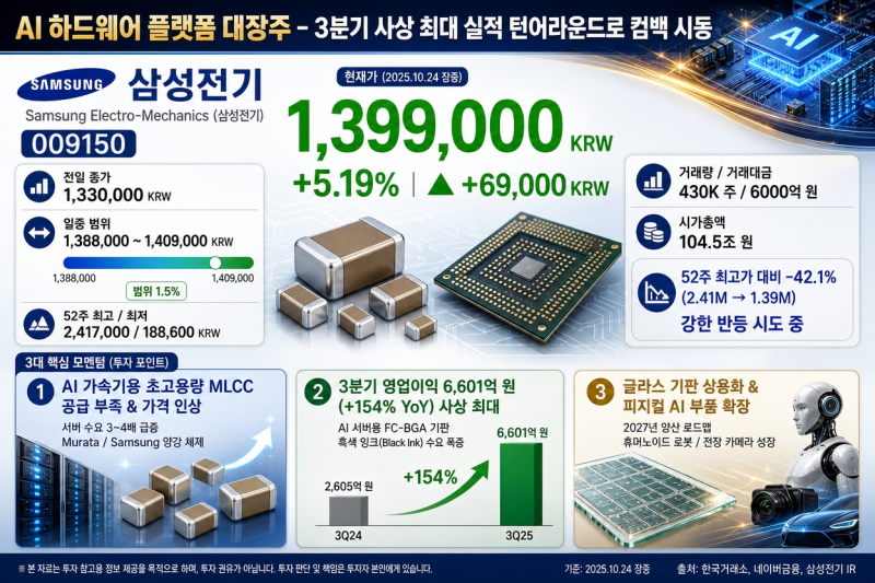 삼성전기(009150) 주가 향방 분석 | 3분기 역대급 실적 턴어라운드, AI MLCC·FC-BGA 쇼티지, 유리기....