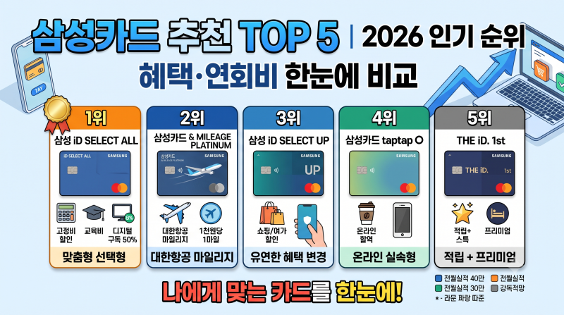 삼성카드 추천 TOP 5 | 2026 인기 순위 혜택·연회비 한눈에 비교