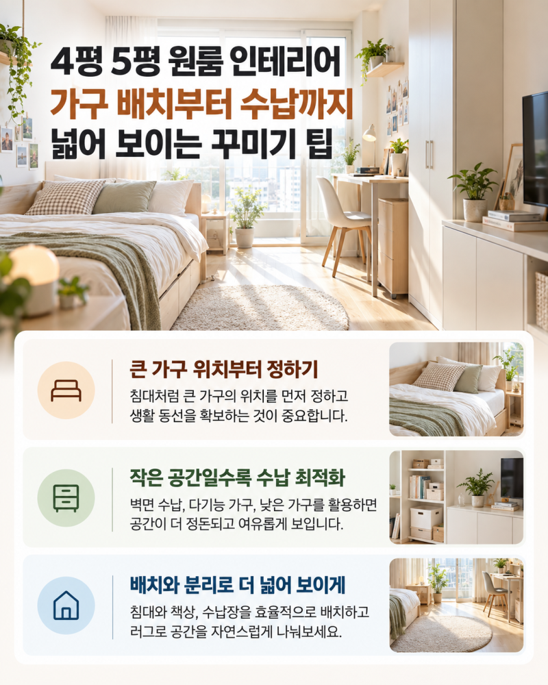 4평 5평 원룸 인테리어 가구 배치부터 수납까지 넓어 보이는 꾸미기 팁