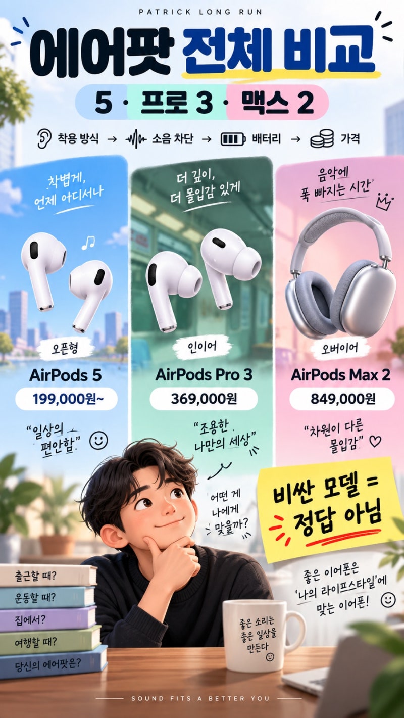 에어팟 전체 비교: 5·프로 3·맥스 2, 비싼 모델이 필요한 사람