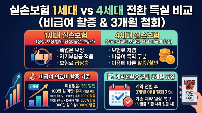 실손보험 1세대 4세대 전환 득실 비교: 비급여 할증 기준과 계약전환용 철회 3개월 규정 4단계